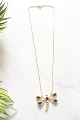 Black Onyx Dragonfly Pendant on Long Dainty Gold Chain Necklace