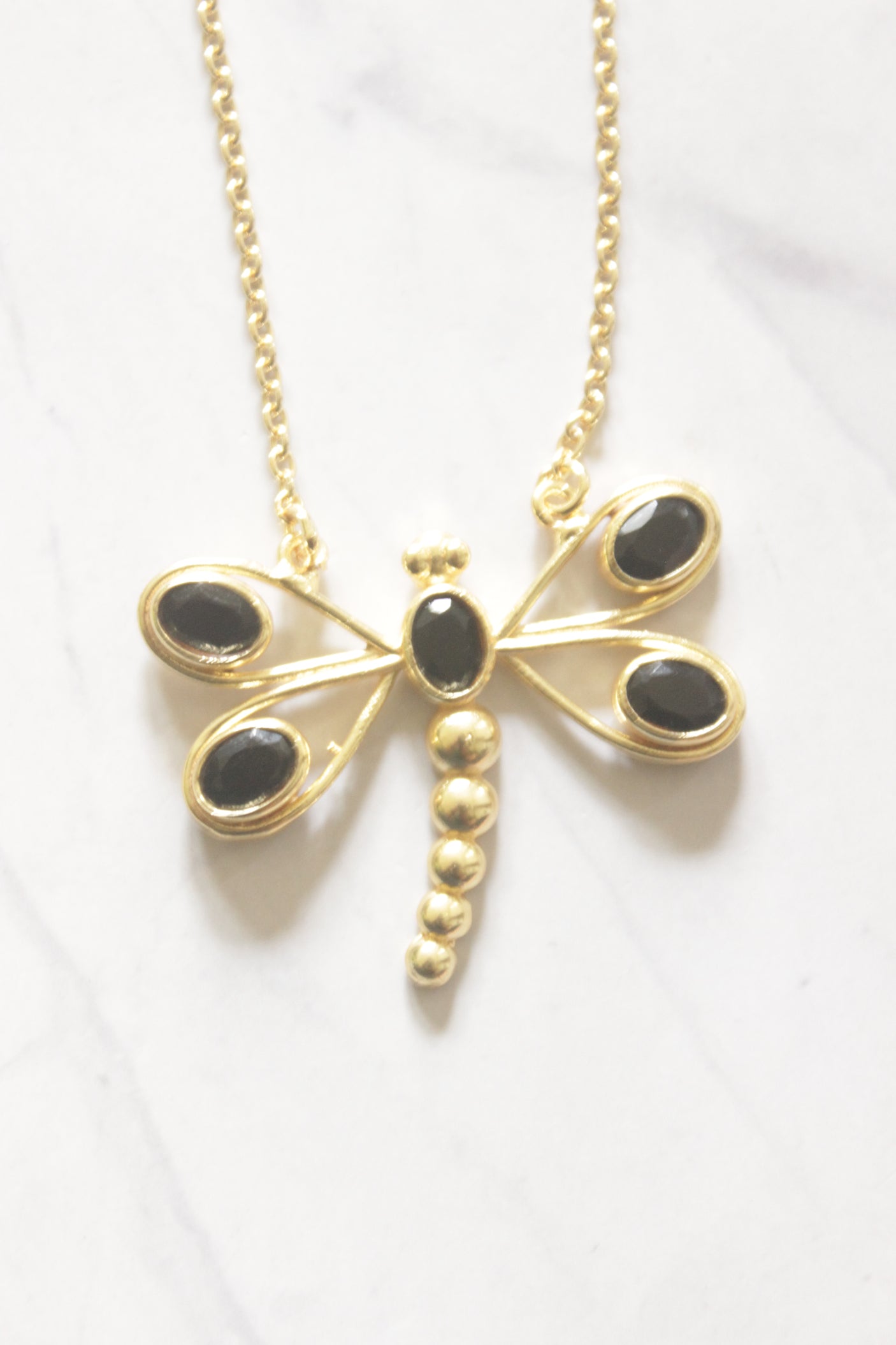 Black Onyx Dragonfly Pendant on Long Dainty Gold Chain Necklace