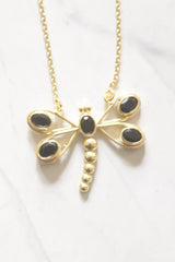 Black Onyx Dragonfly Pendant on Long Dainty Gold Chain Necklace