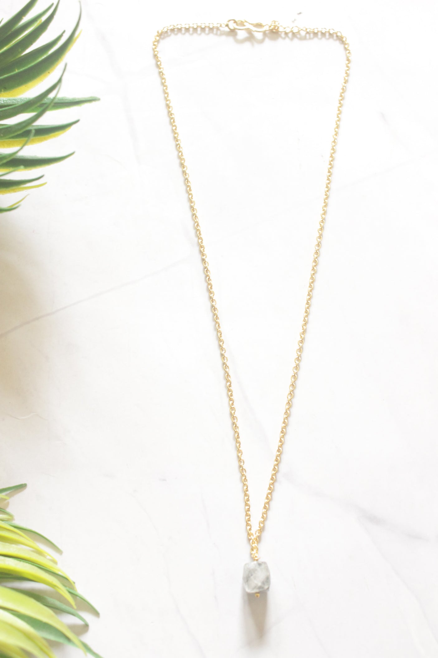 Rough Cut Aquamarine Crystal Drop Gold Chain Necklace