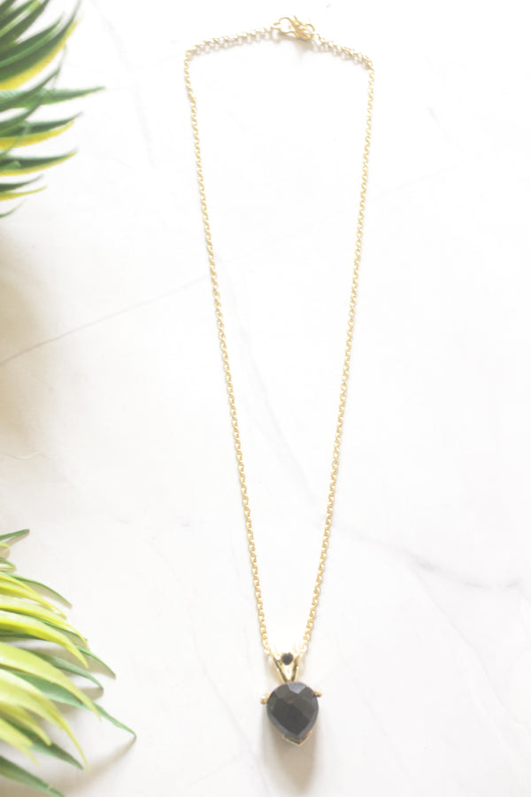 Black Onyx Teardrop Solitaire Pendant Gold Toned Chain Necklace