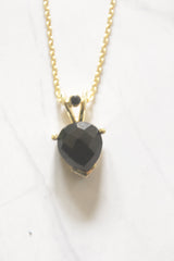 Black Onyx Teardrop Solitaire Pendant Gold Toned Chain Necklace