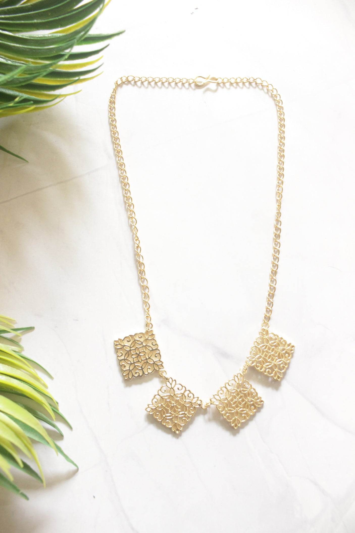 Gold Filigree Diamond Square Multi-Charm Statement Necklace on Gold Chain
