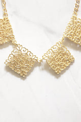 Gold Filigree Diamond Square Multi-Charm Statement Necklace on Gold Chain