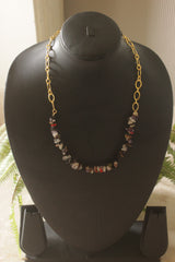 Mixed Raw Gemstone Chips & Gold Oval Link Chain Half & Half Necklace