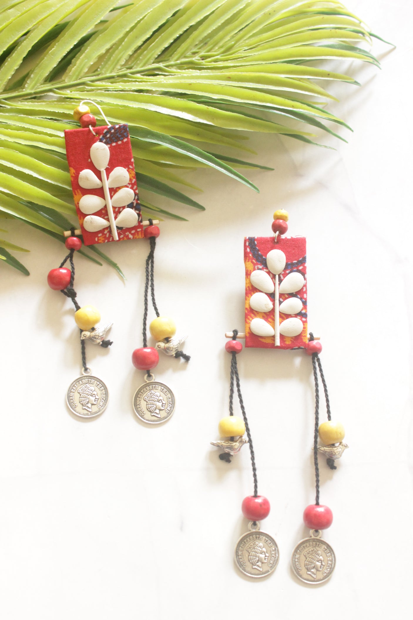 Handcrafted Crimson Fabric Earrings with White Petal Motifs & Coin Charms