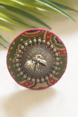 Handcrafted Ajrakh Fabric Statement Adjustable Ring with Antique Silver Medallion