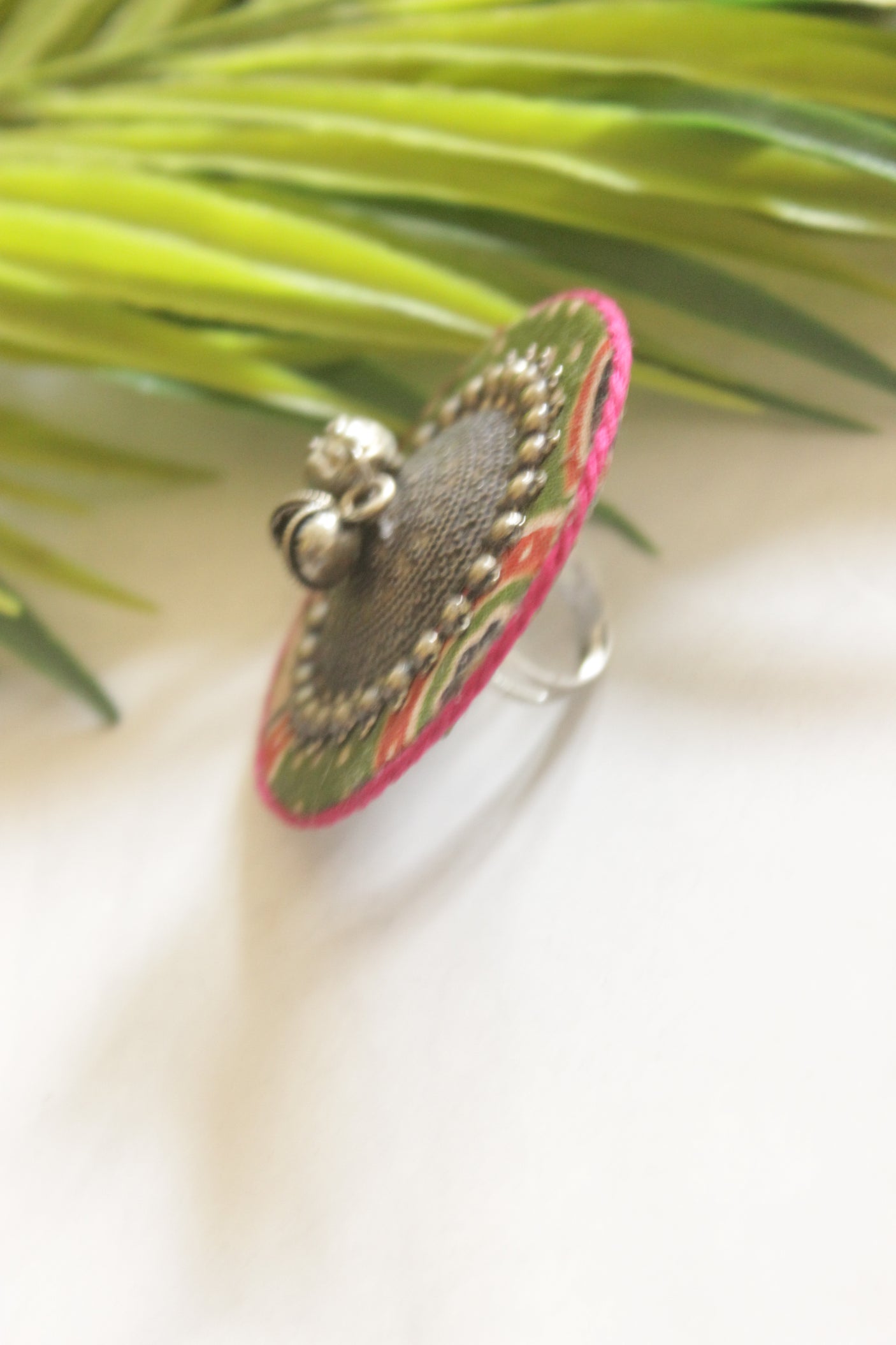 Handcrafted Ajrakh Fabric Statement Adjustable Ring with Antique Silver Medallion