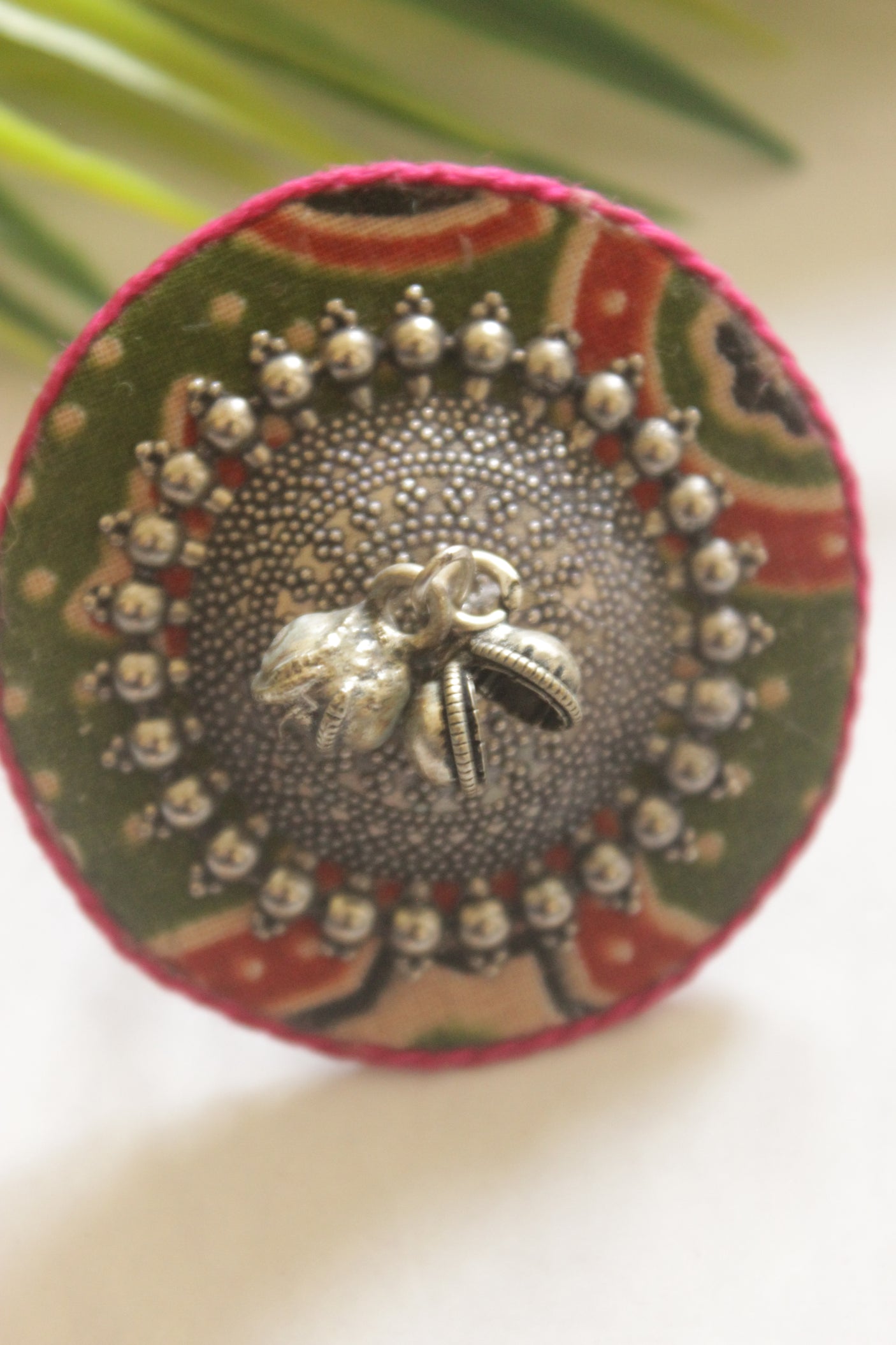 Handcrafted Ajrakh Fabric Statement Adjustable Ring with Antique Silver Medallion