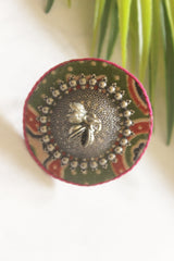 Handcrafted Ajrakh Fabric Statement Adjustable Ring with Antique Silver Medallion
