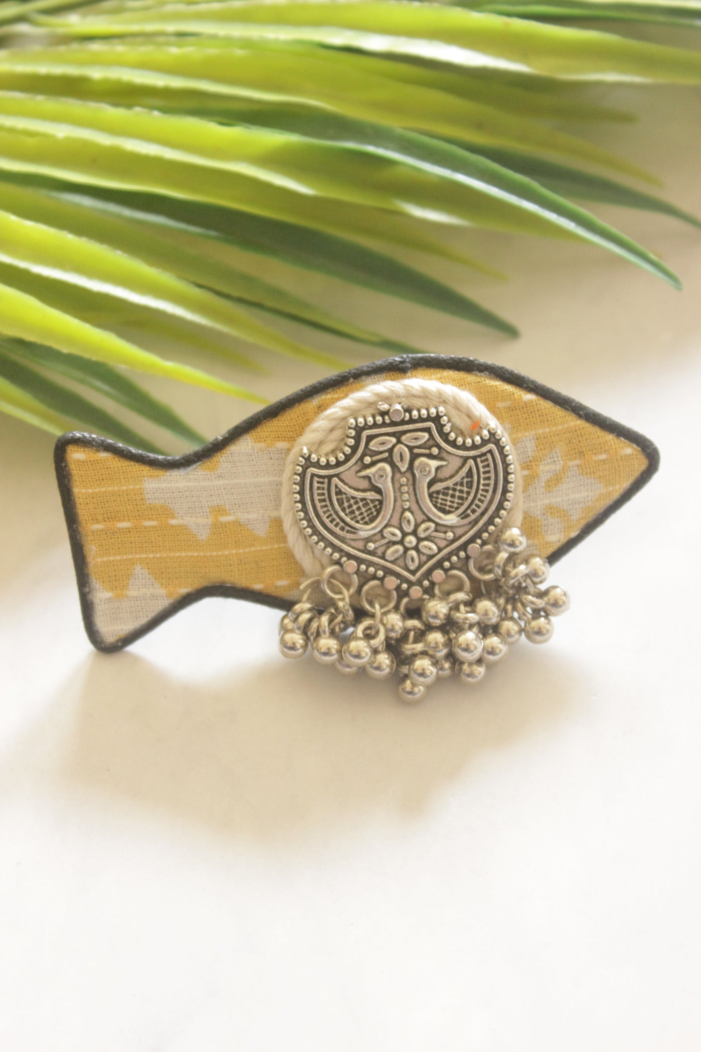 Handcrafted Mustard Fabric Adjustable Ring with Bird Motif & Ghungroo Charms