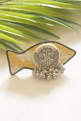 Handcrafted Mustard Fabric Adjustable Ring with Bird Motif & Ghungroo Charms