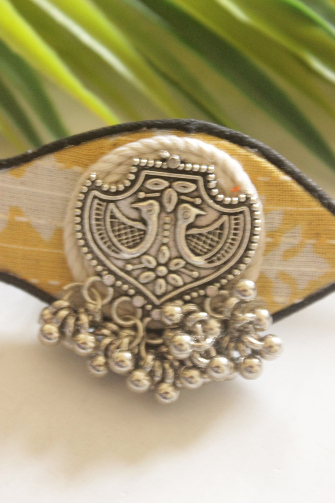 Handcrafted Mustard Fabric Adjustable Ring with Bird Motif & Ghungroo Charms