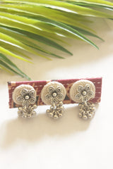 Handcrafted Maroon Ajrakh Fabric Adjustable Ring with Floral Ghungroo Charms