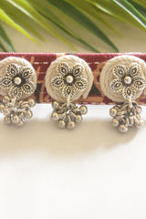 Handcrafted Maroon Ajrakh Fabric Adjustable Ring with Floral Ghungroo Charms