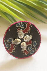 Handcrafted Black Ajrakh Fabric Statement Adjustable Ring with Silver Fish Motifs