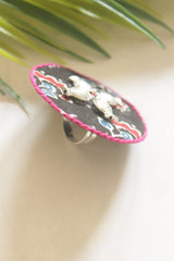 Handcrafted Black Ajrakh Fabric Statement Adjustable Ring with Silver Fish Motifs