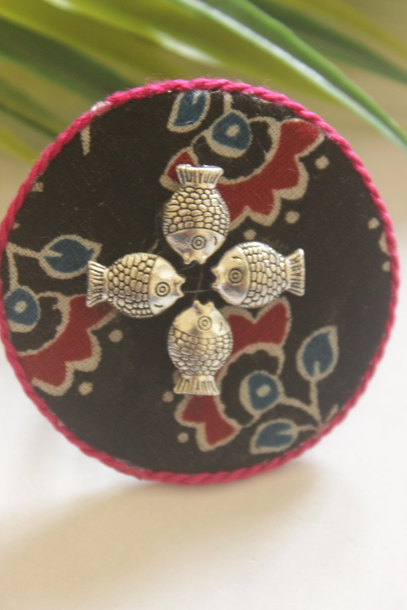 Handcrafted Black Ajrakh Fabric Statement Adjustable Ring with Silver Fish Motifs