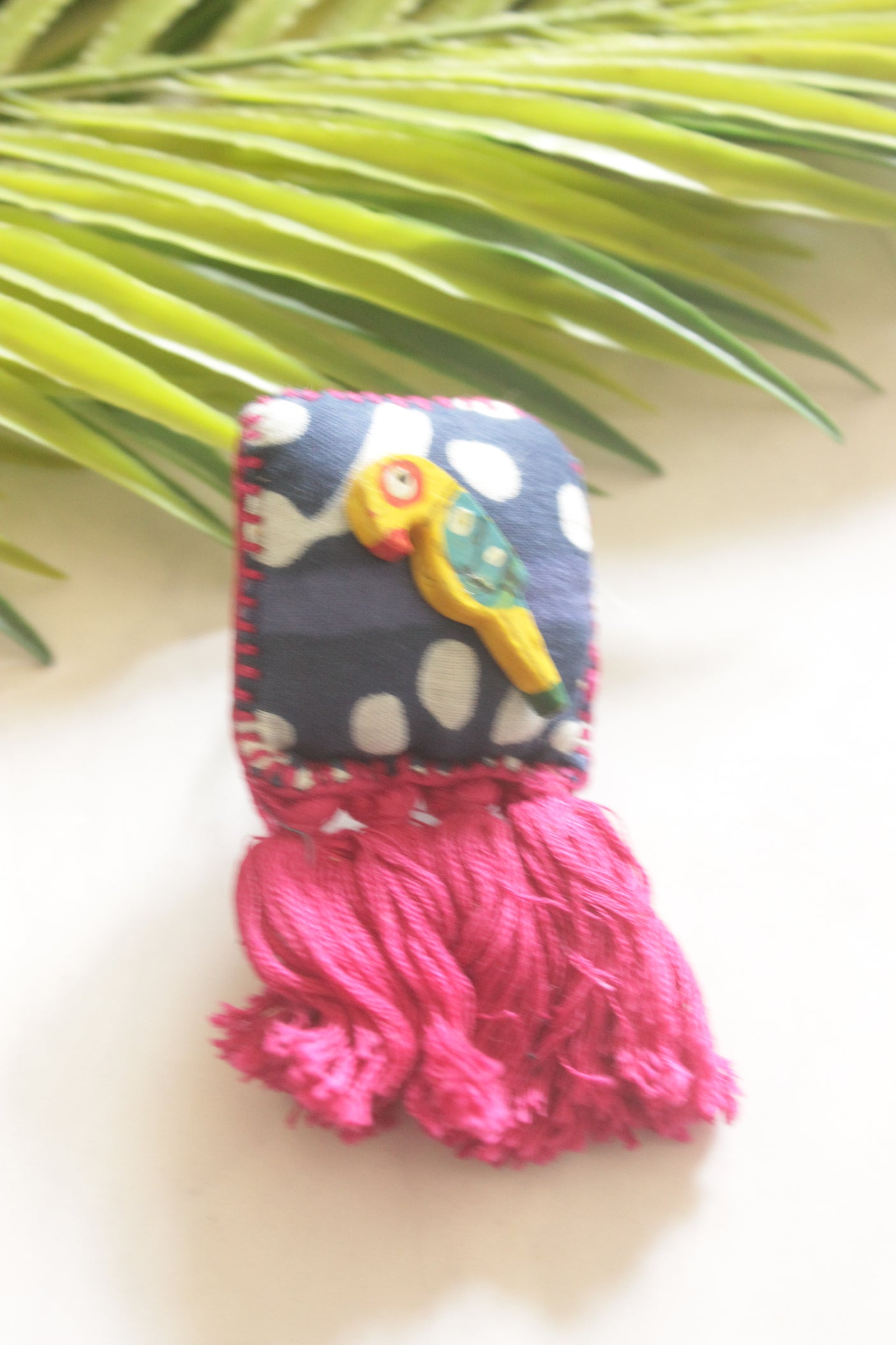 Handcrafted Indigo Fabric Statement Adjustable Ring with Bird Motif