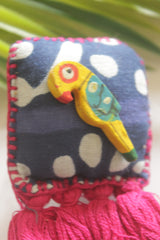 Handcrafted Indigo Fabric Statement Adjustable Ring with Bird Motif