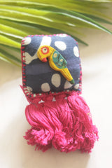 Handcrafted Indigo Fabric Statement Adjustable Ring with Bird Motif