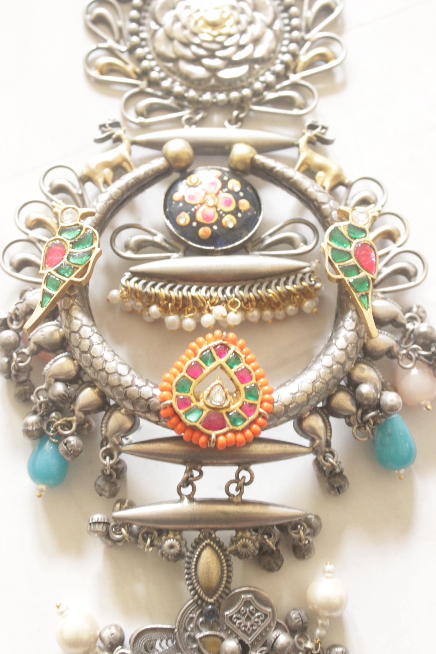 Dual Tone Intricate Mughal Filigree Enamel Painted Statement Necklace