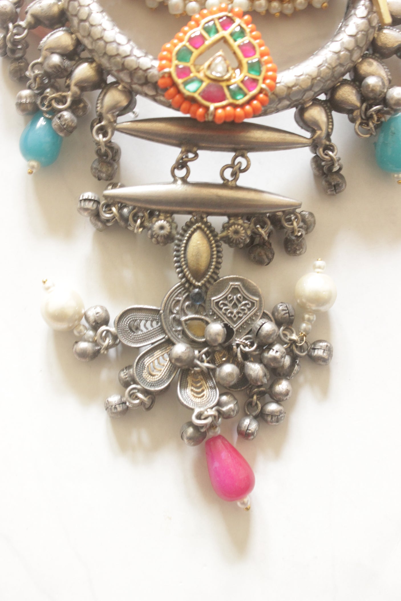 Dual Tone Intricate Mughal Filigree Enamel Painted Statement Necklace