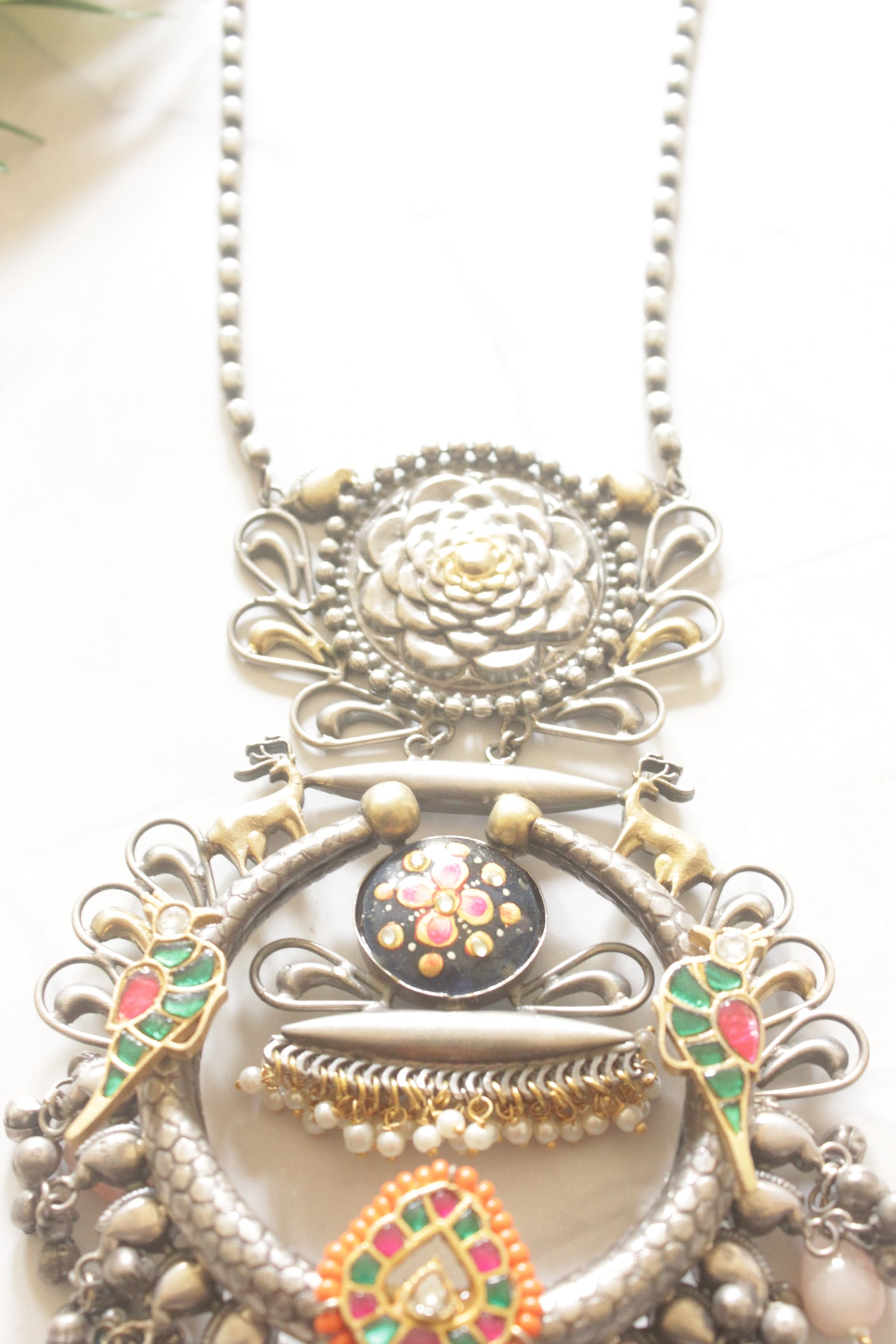 Dual Tone Intricate Mughal Filigree Enamel Painted Statement Necklace