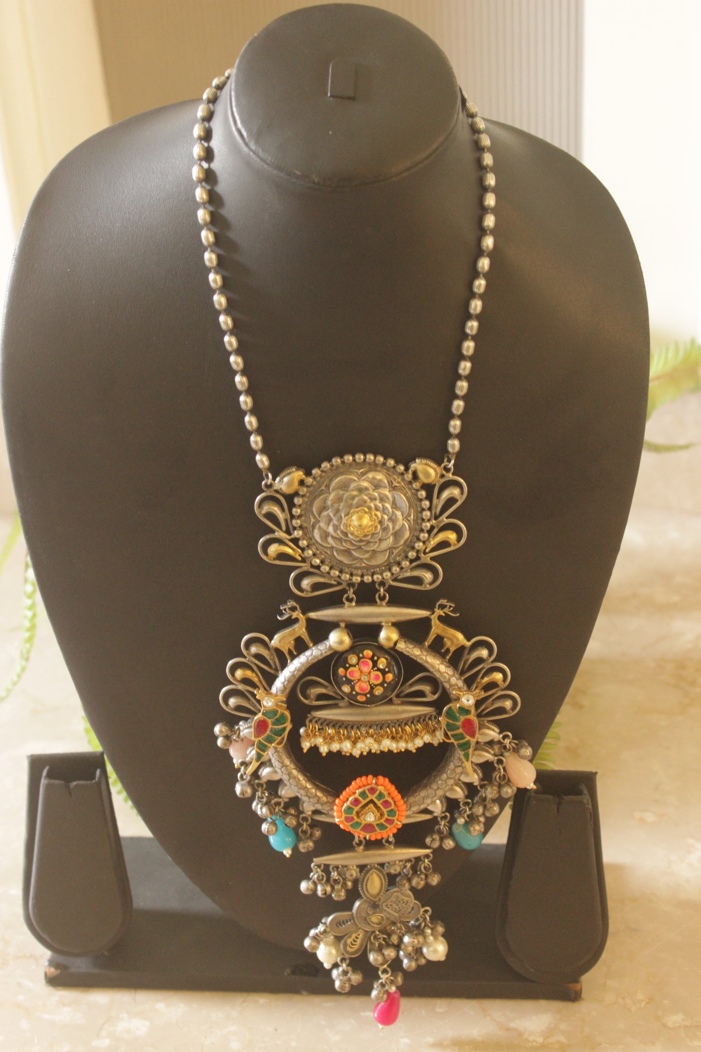 Dual Tone Intricate Mughal Filigree Enamel Painted Statement Necklace