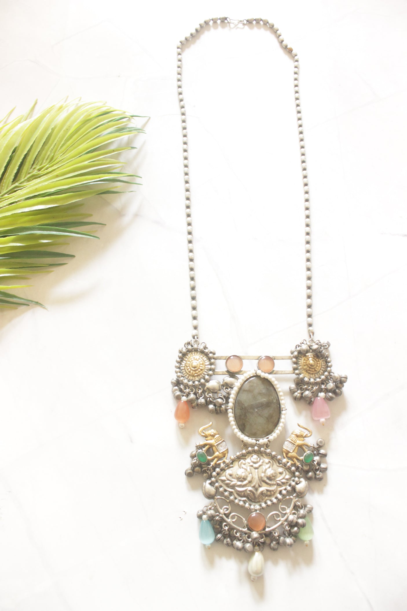 Intricately Detailed Statement Necklace with Grey Natural Center Stone