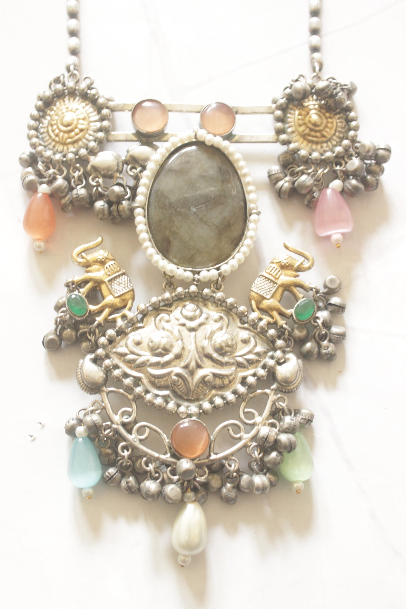Intricately Detailed Statement Necklace with Grey Natural Center Stone