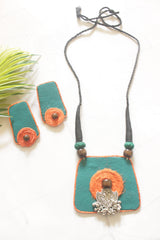 Deep Teal and Orange Handmade Fabric and Jute Necklace Set