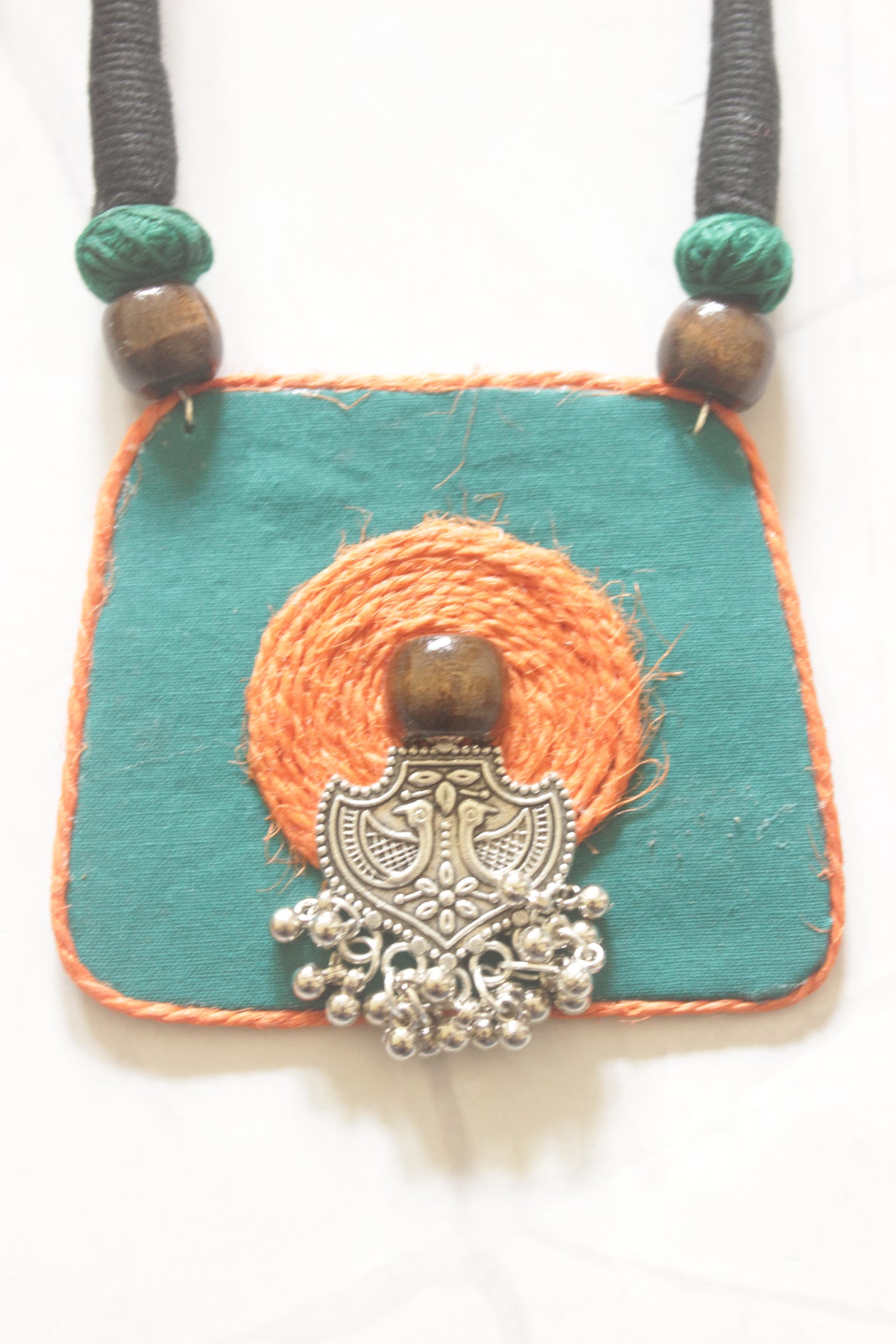 Deep Teal and Orange Handmade Fabric and Jute Necklace Set