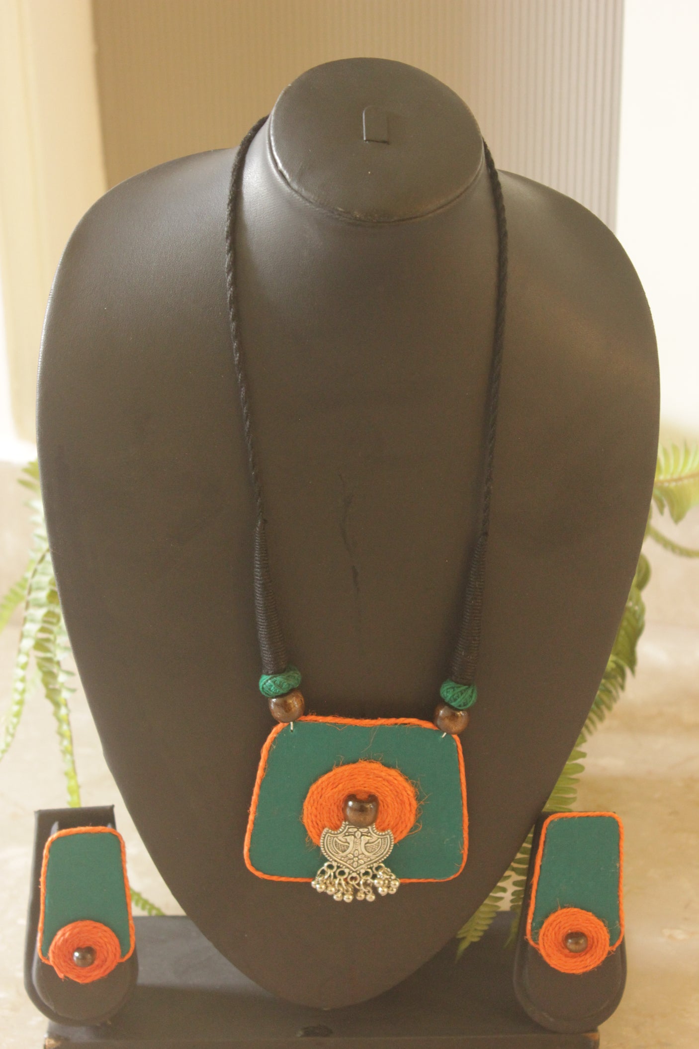Deep Teal and Orange Handmade Fabric and Jute Necklace Set