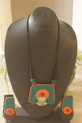 Deep Teal and Orange Handmade Fabric and Jute Necklace Set