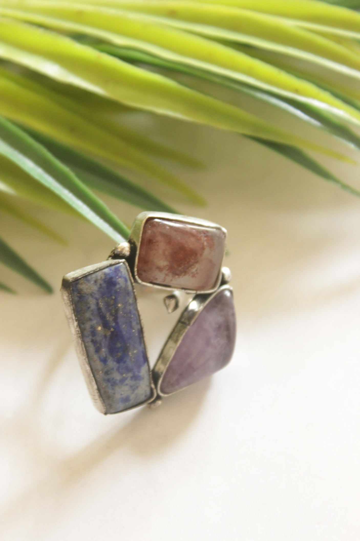 Multi-Color Gemstones Embedded Oxidised Finish Adjustable Ring