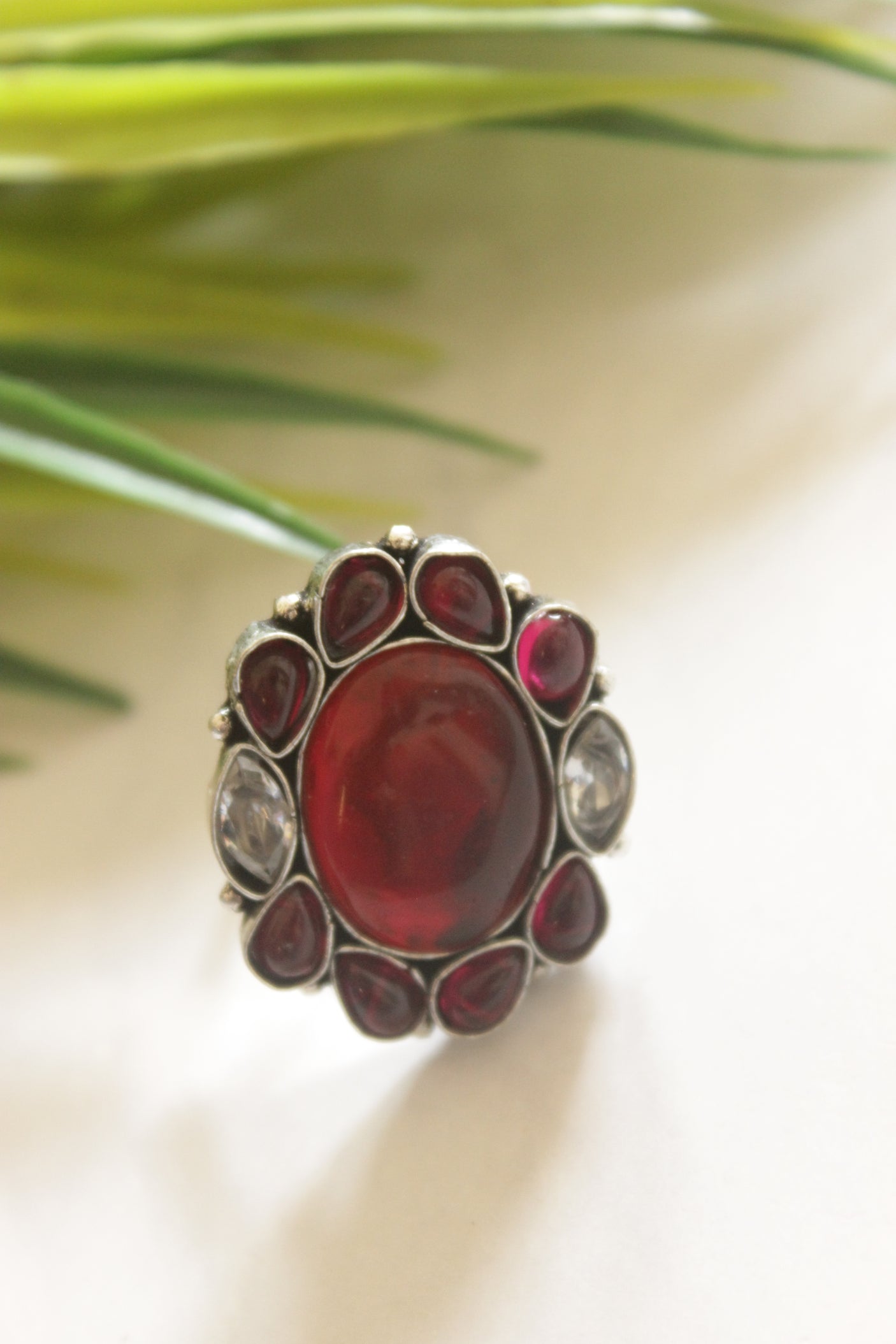Ruby Red Natural Gemstones Embedded Oxidised Finish Adjustable Ring