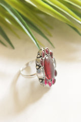 Ruby Red Natural Gemstones Embedded Oxidised Finish Adjustable Ring