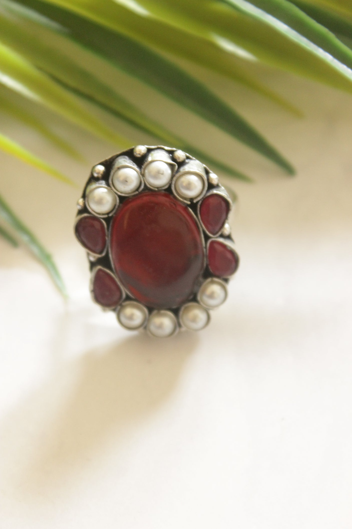 Ruby Red Natural Gemstones and Pearls Embedded Oxidised Finish Adjustable Ring