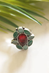 Red and Blue Natural Gemstones Embedded Oxidised Finish Adjustable Ring