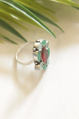 Red and Blue Natural Gemstones Embedded Oxidised Finish Adjustable Ring