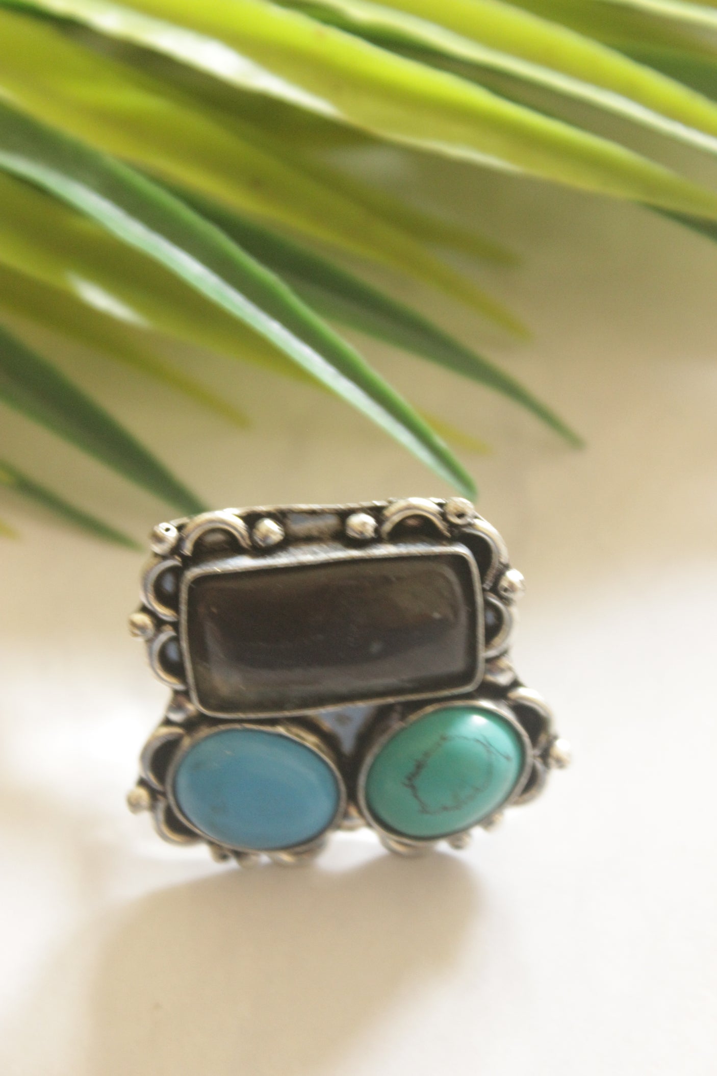Multi-Color Gemstones Embedded Oxidised Finish Adjustable Ring