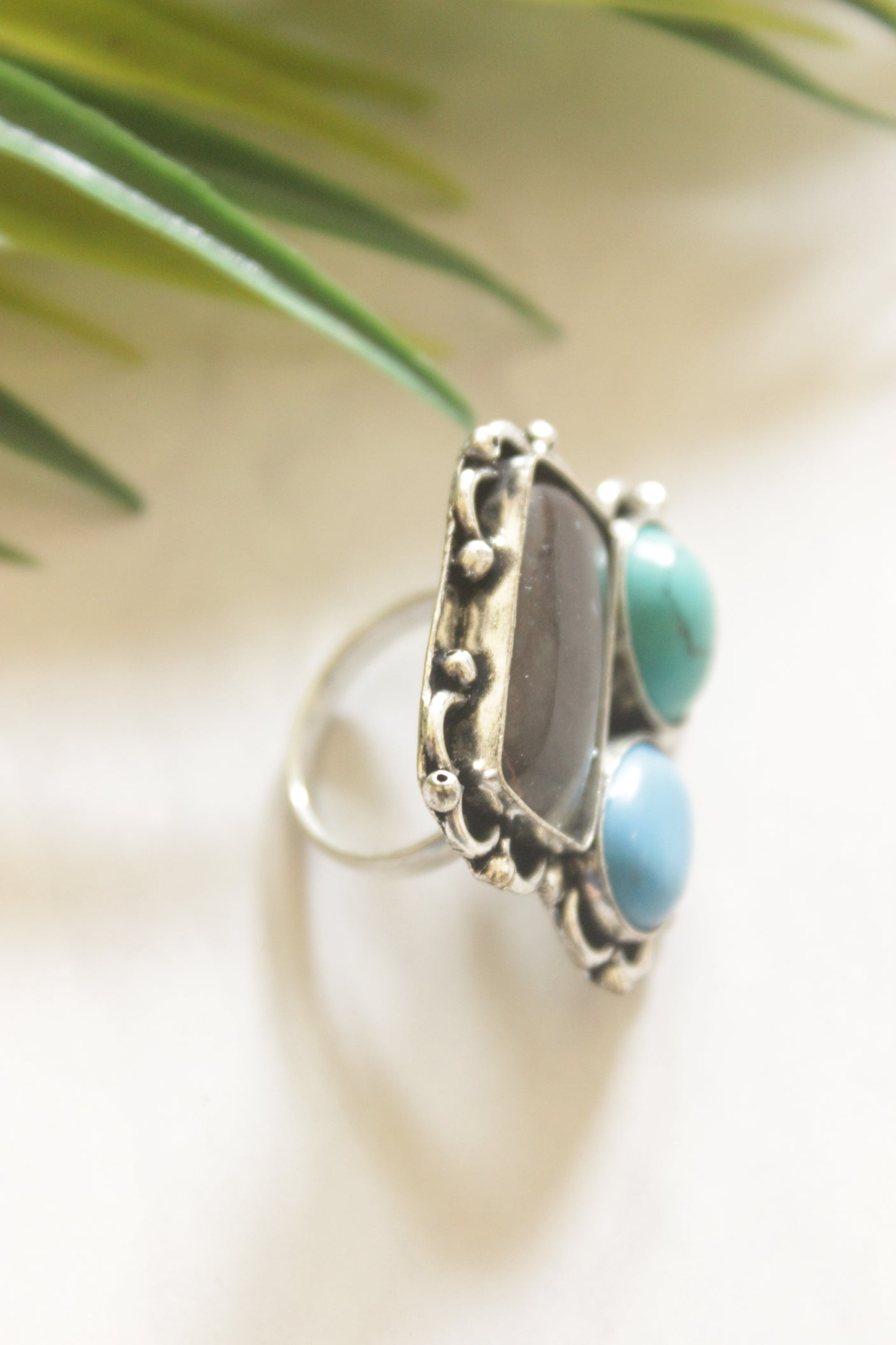 Multi-Color Gemstones Embedded Oxidised Finish Adjustable Ring