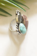Multi-Color Gemstones Embedded Oxidised Finish Adjustable Ring