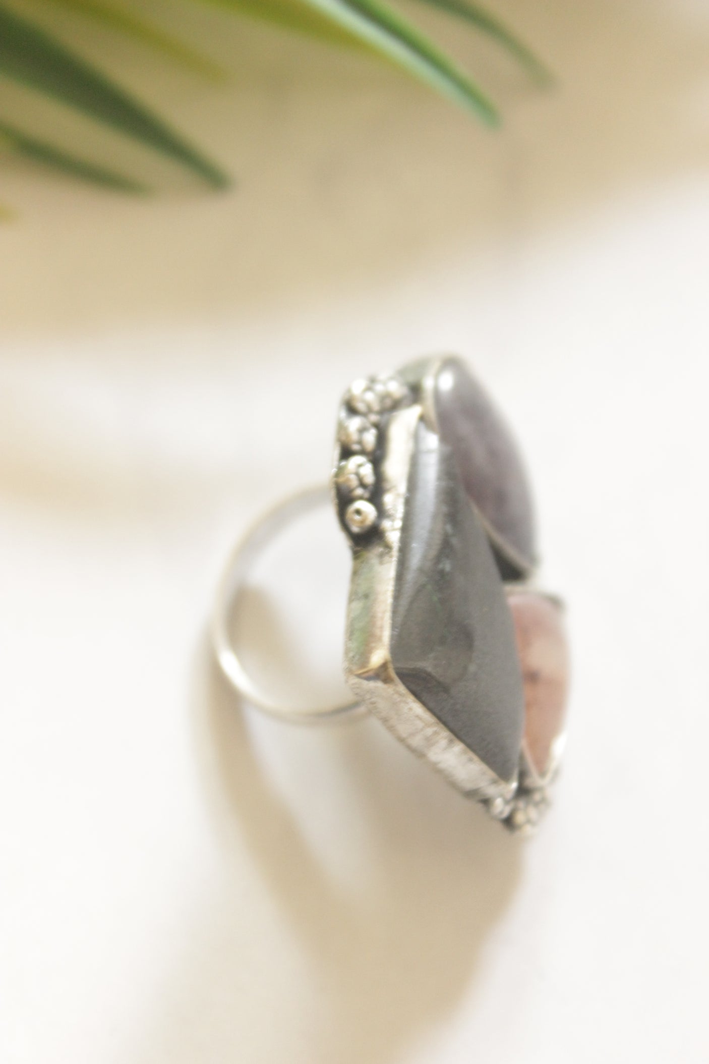 Shaded Black and Brown Gemstones Embedded Oxidised Finish Adjustable Ring