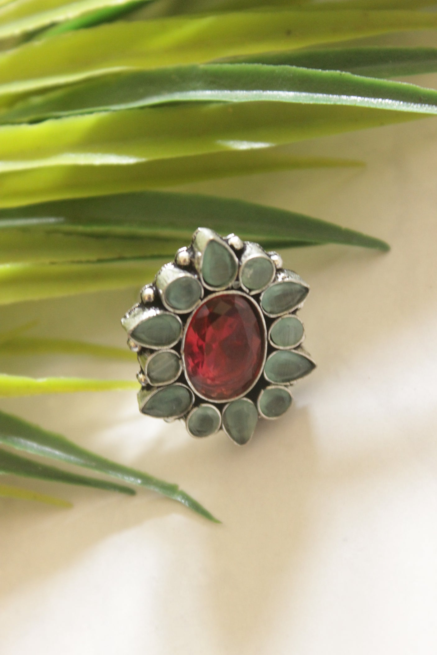 Red and Blue Gemstones Embedded Oxidised Finish Adjustable Ring