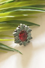 Red and Blue Gemstones Embedded Oxidised Finish Adjustable Ring