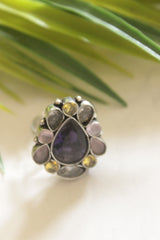 Pink and Purple Gemstones Embedded Oxidised Finish Adjustable Ring