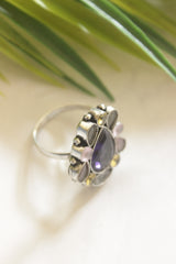 Pink and Purple Gemstones Embedded Oxidised Finish Adjustable Ring