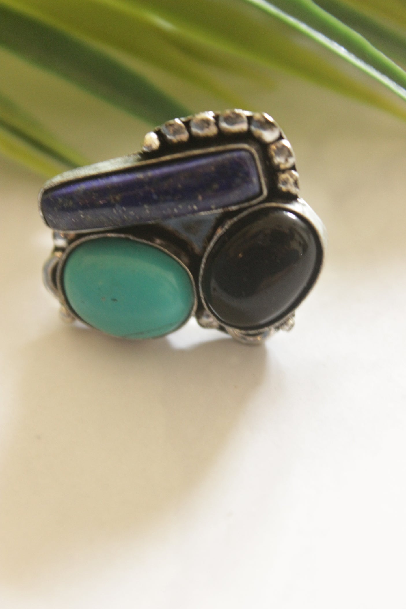 Multi-Color Gemstones Embedded Oxidised Finish Adjustable Ring